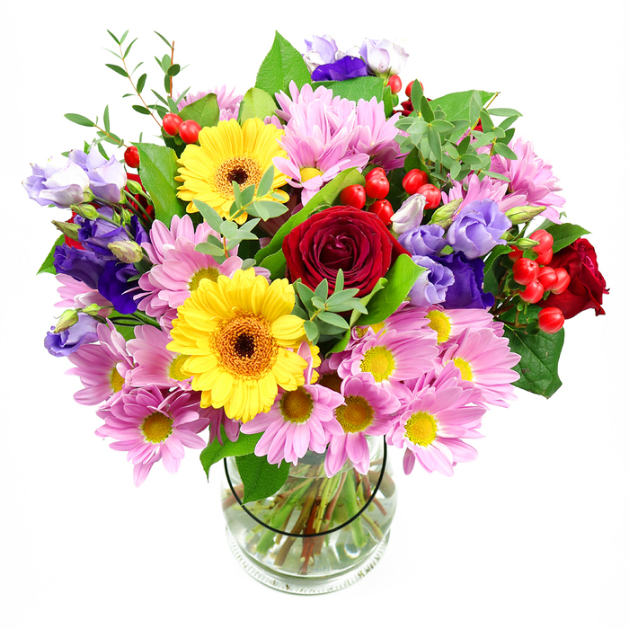 The photograph shows a vibrant, garden-style bouquet displayed in a straight-sided glass vase, standing alone against a white background that makes every bloom stand out. Deep red roses sit at the core of the design, their lush, velvety petals opening in layered spirals that lend the arrangement a sense of depth and heartfelt emotion. Nestled among them, two yellow gerbera daisies with distinctive dark brown-orange centres bring a burst of sunshine brightness, their broad, flat faces adding a modern graphic shape that contrasts with the roses' softness. Circling these main flowers is an abundance of pink daisies or chrysanthemums, each with many slender petals radiating from a small yellow centre; together, they create a cushion of gentle colour and a friendly, welcoming feel, like the relaxed atmosphere of Holland Park's quieter paths near the Kyoto Garden. Woven between the pink blooms, purple and lilac lisianthus blossoms introduce streaks of cool elegance, their slightly ruffled, bell-like flowers adding movement and a graceful, almost airy lightness. Scattered throughout, glossy red hypericum berries cluster on short stems, providing rounded, textural accents that catch the light and hint at autumn hedges found along nearby Holland Road. A mix of greenery in different shapes and tones - from strong, dark leaves to lighter, more feathery sprigs - is interlaced among the flowers, giving the bouquet a fresh, just-picked character. The clear glass vase reveals the neat grid of stems resting in clear water, underscoring the careful hand of an experienced local florist. The composition feels generous yet balanced, ideal for a birthday, a house-warming in a West London flat, or a cheerful surprise delivered to a friend living off Kensington High Street.