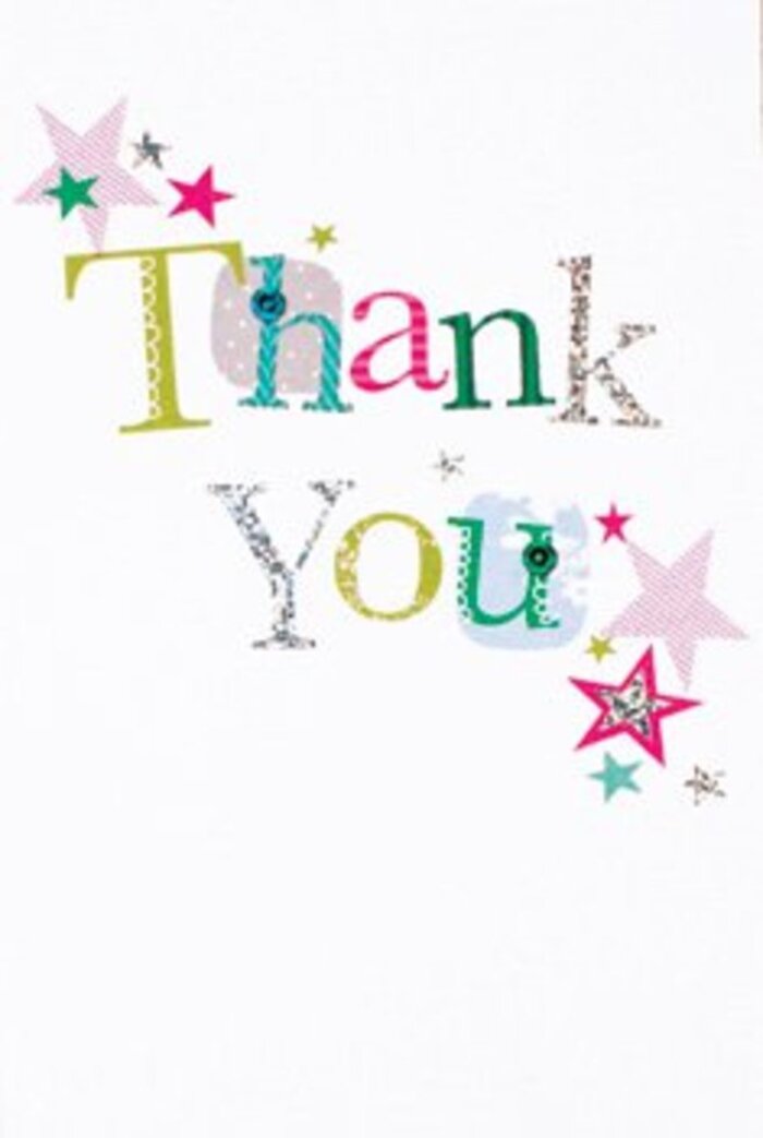 Arranged with quiet exuberance, this thank you card's handcrafted details evoke the graceful elegance found in the gardens and galleries of Holland Park. Each letter of the sentiment radiates unique personality: some are buoyant with playful spots or lively curves, while others undulate with a musical hint, adorned in shimmering silver or vibrant pops of turquoise and pink. Around the greeting, luminous stars-striped with raspberry, deep blue, or liquid silver-cluster close, as though bestowing blessings on the words themselves. The composition feels fresh, modern, and beautifully balanced; there's ample, pristine white space that lifts every element skyward, mirroring the light and openness of Holland Park's tree-lined paths. The mood is softly sophisticated but genuinely warm-neither formal nor too casual-reminiscent of a bouquet prepared for any heartfelt moment, be it after a community event or an afternoon visit to a favourite local shop. This card is the perfect companion to a gift of flowers, its artistic, uplifting design adding a personal signature of thanks as special as a neighbourly smile exchanged along Abbotsbury Road.